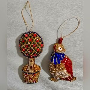 Partrige Pear Tree Lot 2 Beaded Sequin Applique Christmas Ornament 5" Red Gold